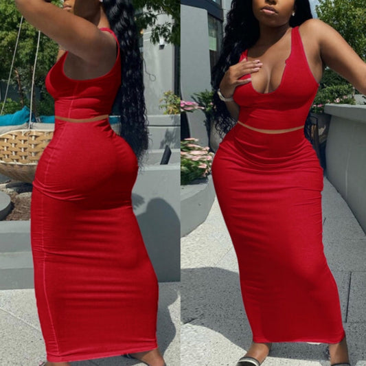 Red Two Piece Skirt Set